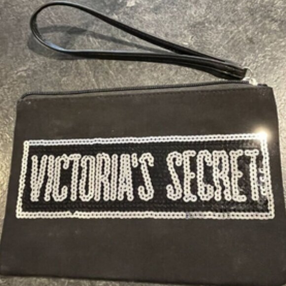 Victoria’s Secret canvas silver sequins wristlet wallet bag zip closure - Picture 2 of 9